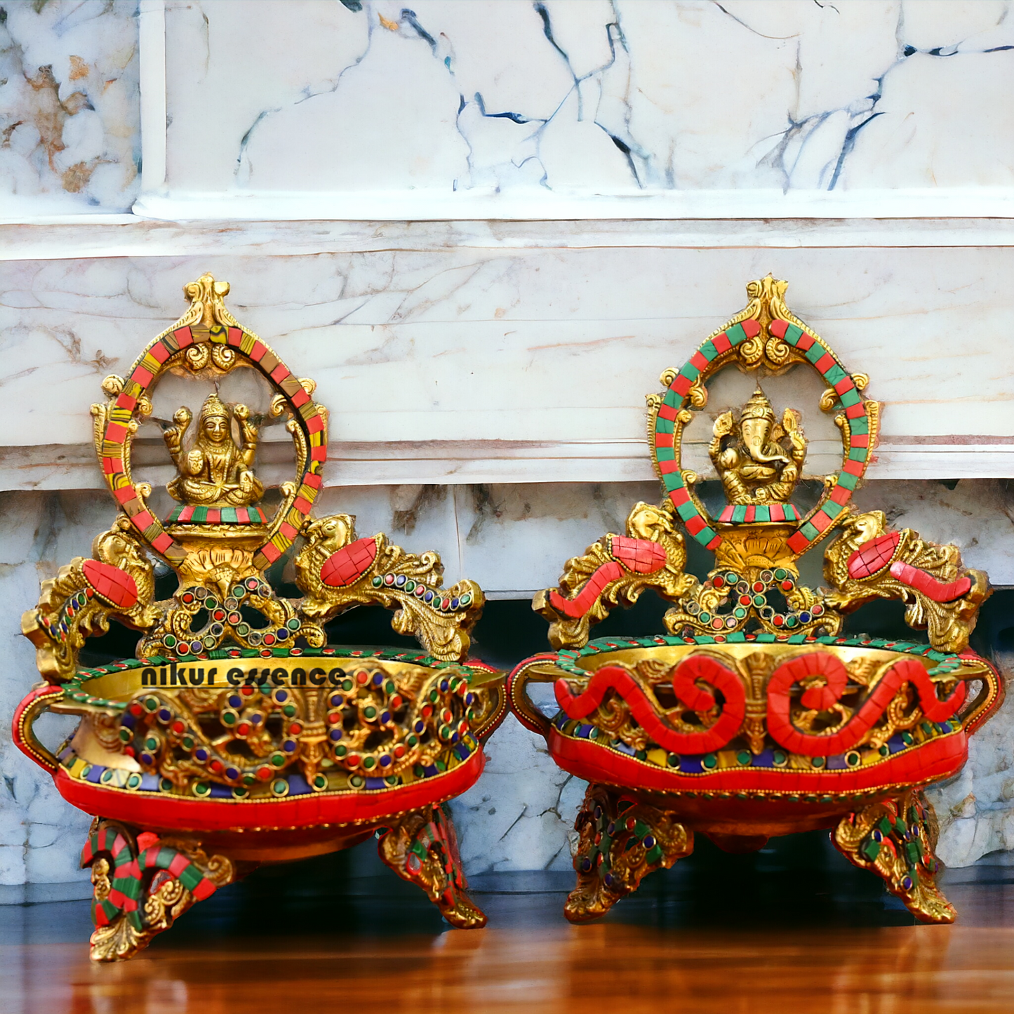 Online Brass Lakshmi Ganesh Urli with stone work - 10.5 cm Nikuressence