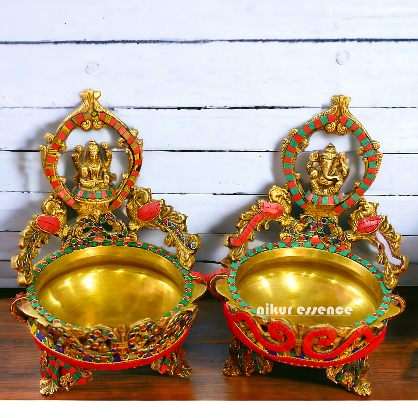 Online Brass Lakshmi Ganesh Urli with stone work - 10.5 cm Nikuressence
