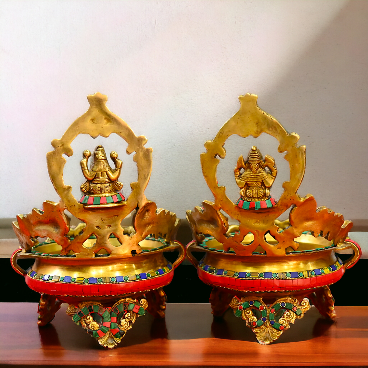 Online Brass Lakshmi Ganesh Urli with stone work - 10.5 cm Nikuressence