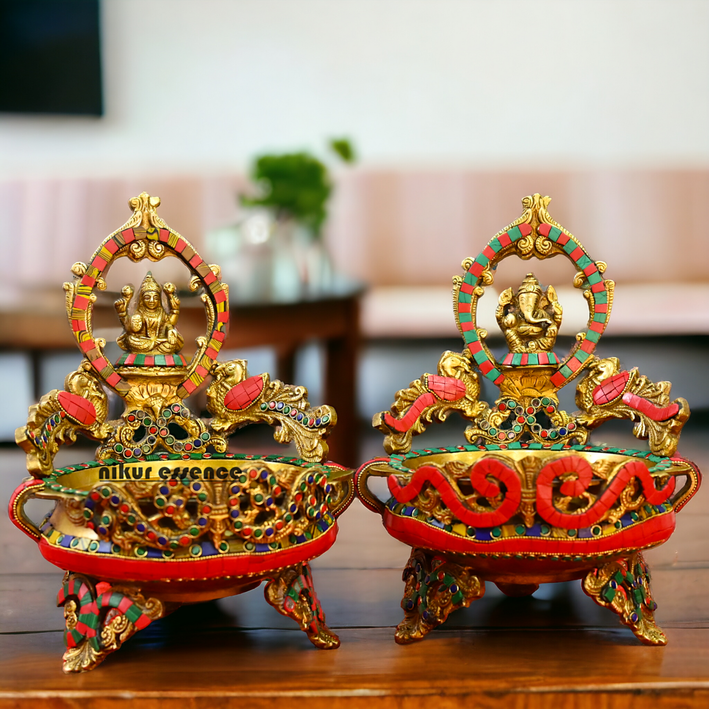 Online Brass Lakshmi Ganesh Urli with stone work - 10.5 cm Nikuressence