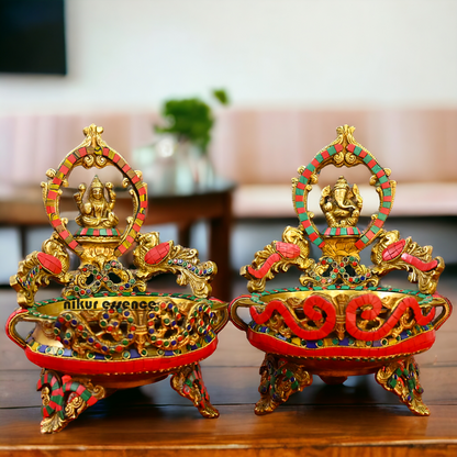 Online Brass Lakshmi Ganesh Urli with stone work - 10.5 cm Nikuressence