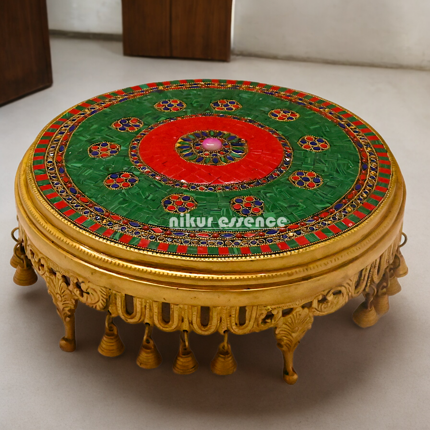 Pooja chowki with Bells Brass with Stone Work- 14 Inches Nikuressence