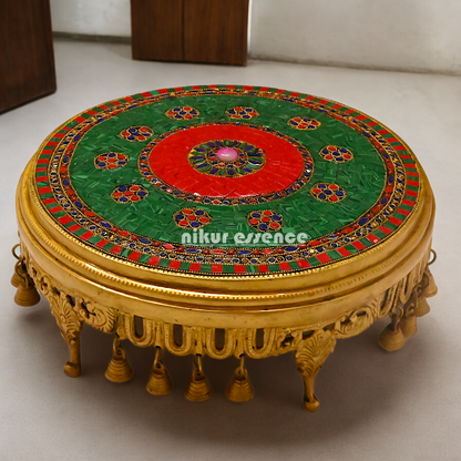 Pooja chowki with Bells Brass with Stone Work- 14 Inches Nikuressence