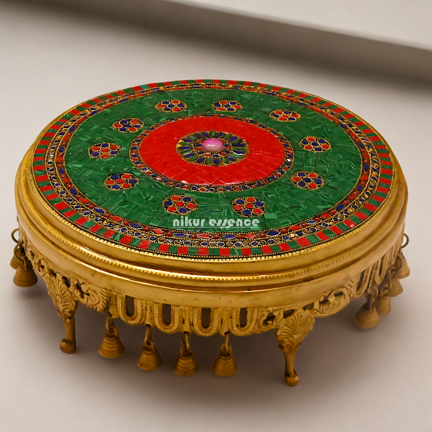 Pooja chowki with Bells Brass with Stone Work- 14 Inches Nikuressence