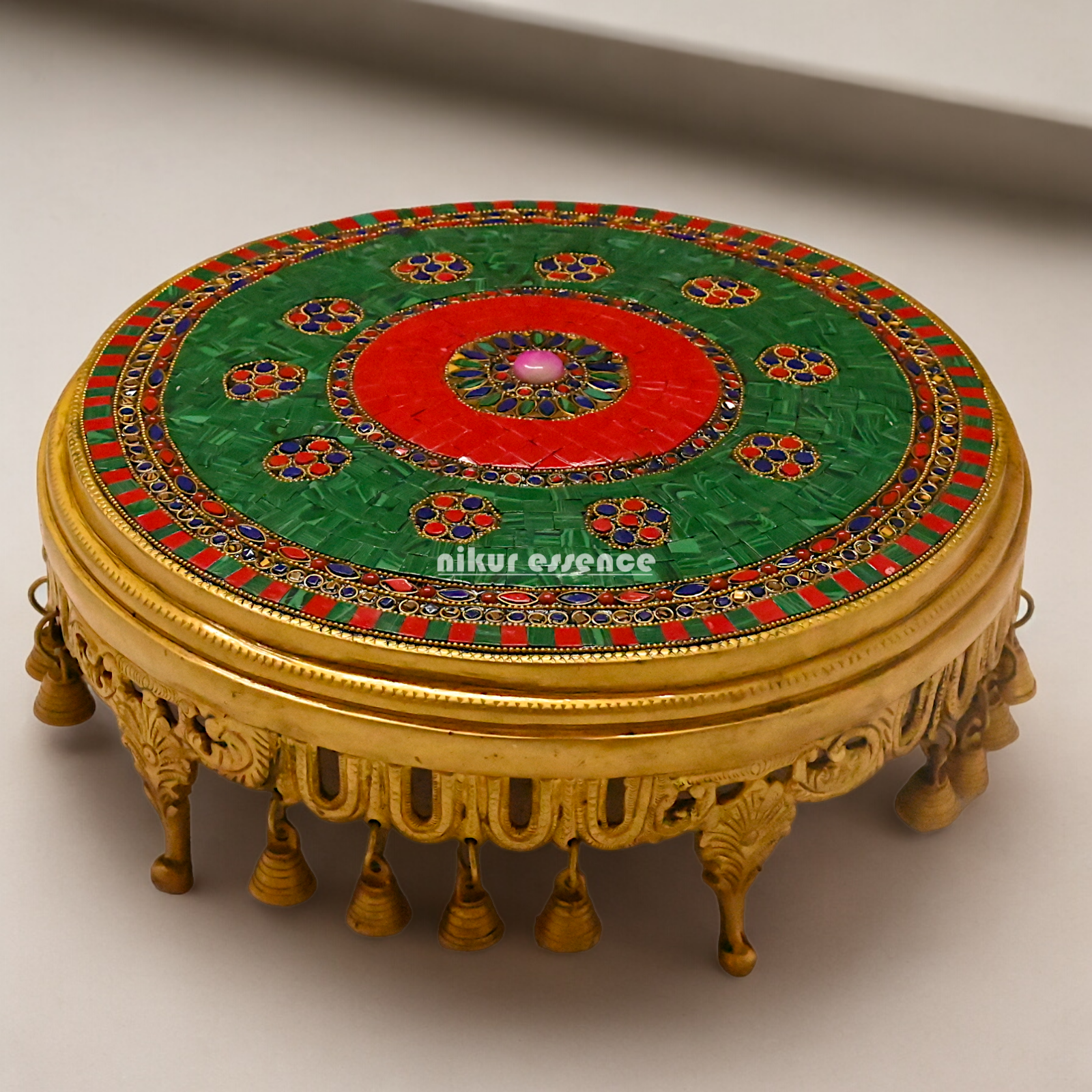 Pooja chowki with Bells Brass with Stone Work- 14 Inches Nikuressence