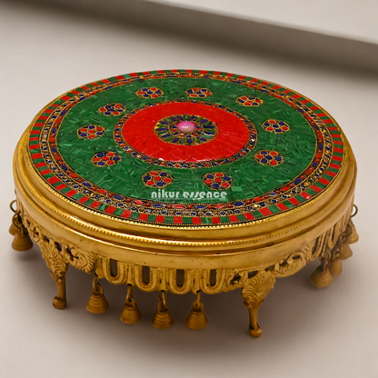 Pooja chowki with Bells Brass with Stone Work- 14 Inches Nikuressence