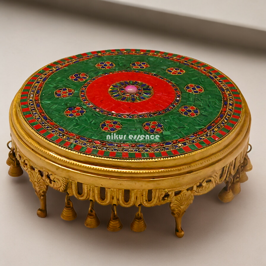 Pooja chowki with Bells Brass with Stone Work- 14 Inches Nikuressence