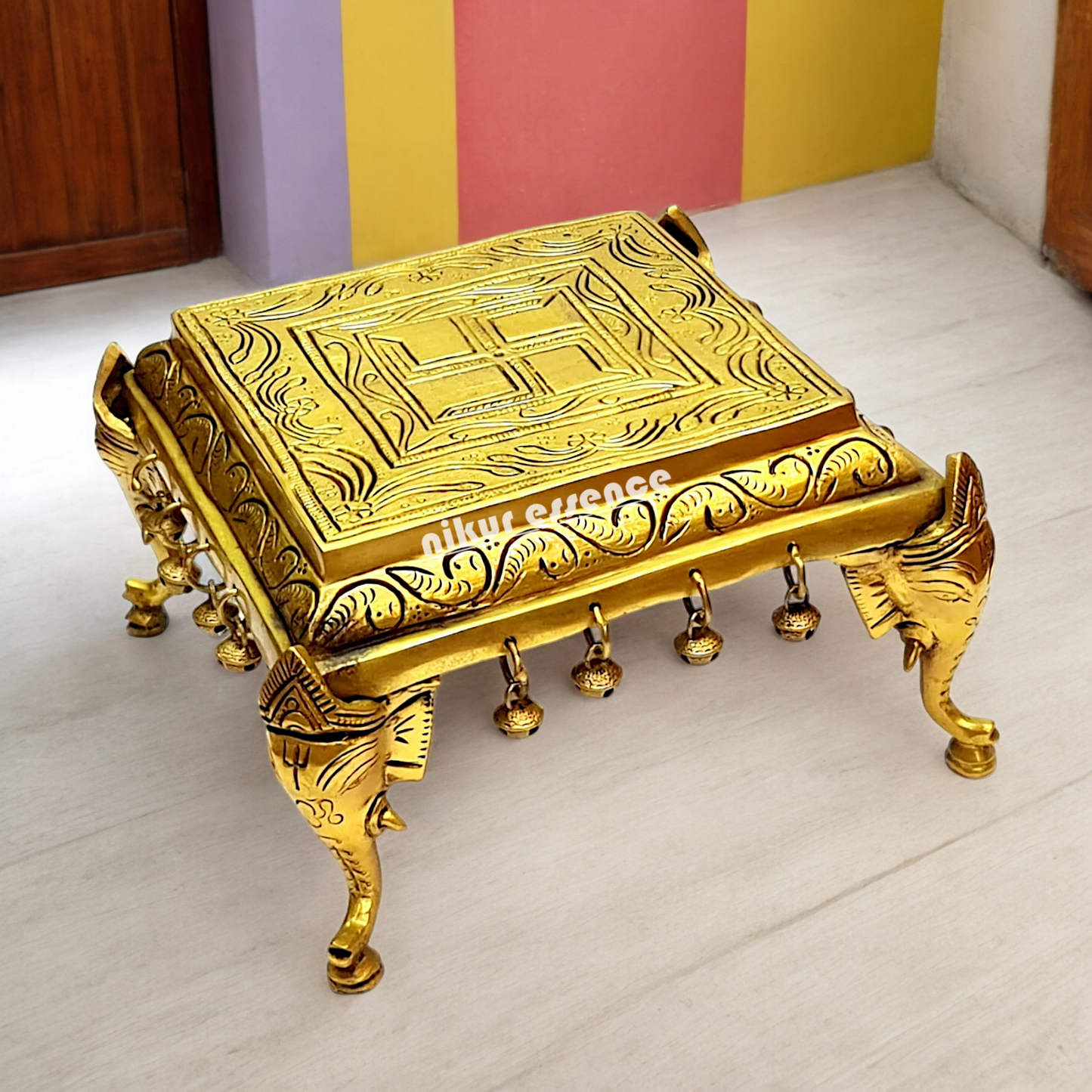 Pooja chowki peetha elephant pillars with Bells Solid Brass - 9 Inches Nikuressence