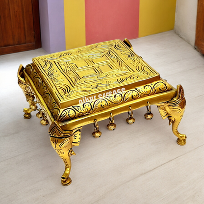 Pooja chowki peetha elephant pillars with Bells Solid Brass - 9 Inches Nikuressence