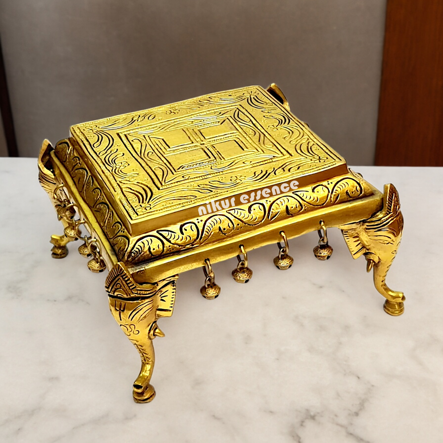 Pooja chowki peetha elephant pillars with Bells Solid Brass - 9 Inches Nikuressence