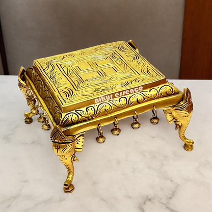 Pooja chowki peetha elephant pillars with Bells Solid Brass - 9 Inches Nikuressence