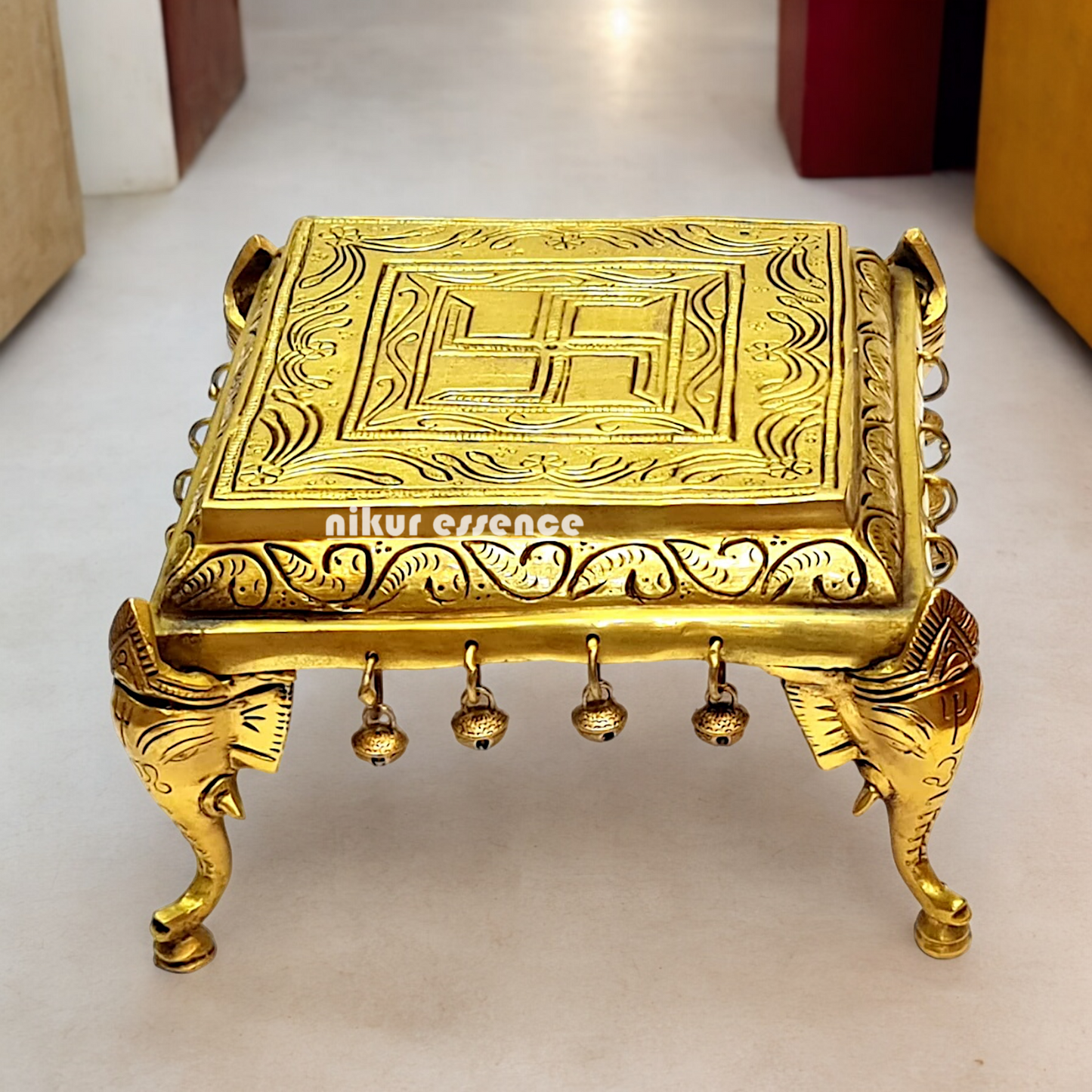 Pooja chowki peetha elephant pillars with Bells Solid Brass - 9 Inches Nikuressence
