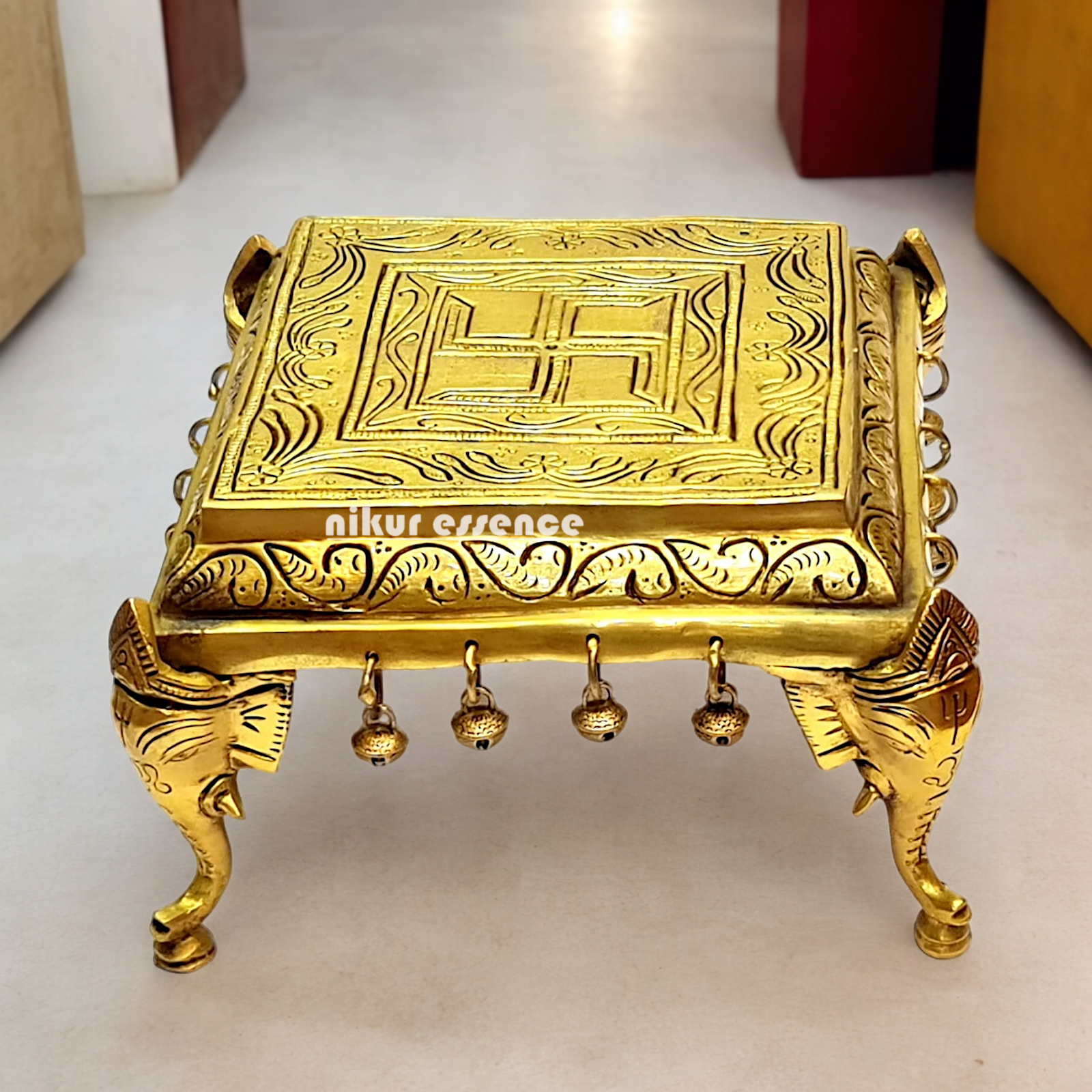 Pooja chowki peetha elephant pillars with Bells Solid Brass - 9 Inches Nikuressence