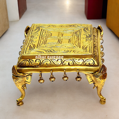 Pooja chowki peetha elephant pillars with Bells Solid Brass - 9 Inches Nikuressence