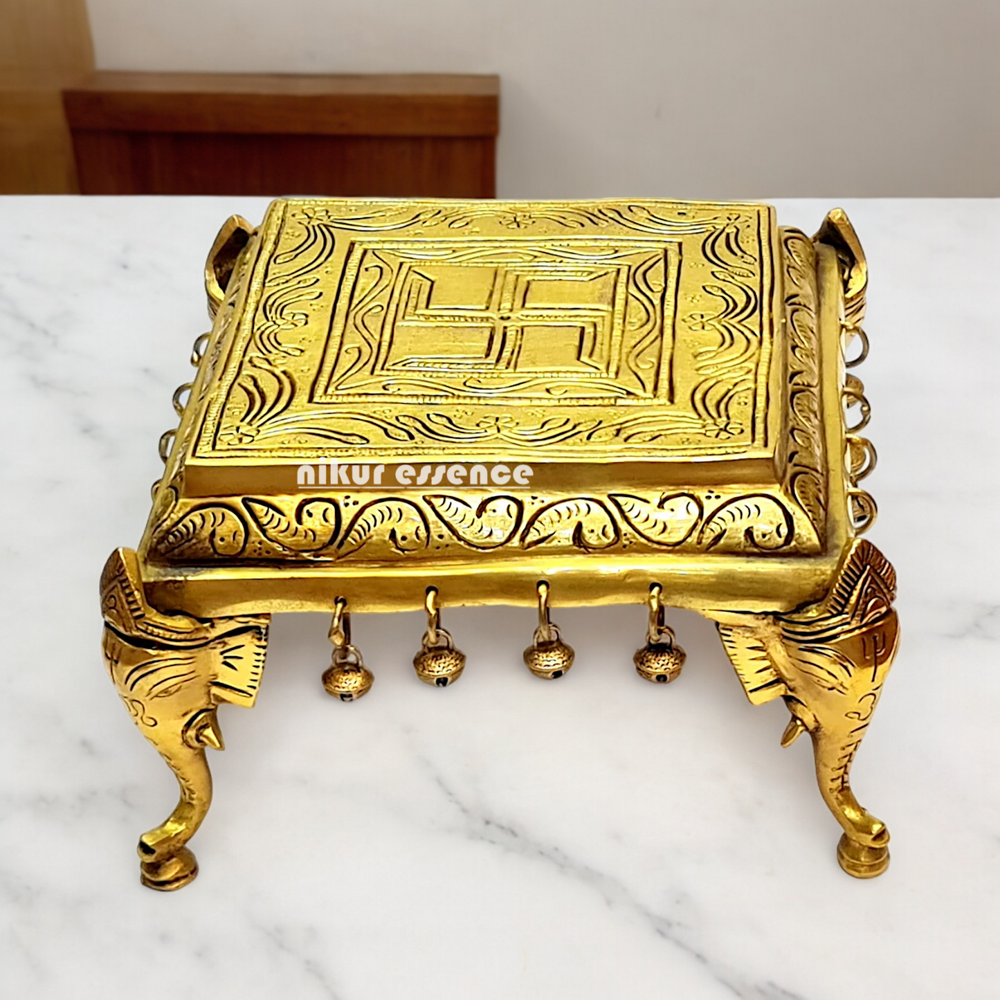 Pooja chowki peetha elephant pillars with Bells Solid Brass - 9 Inches Nikuressence