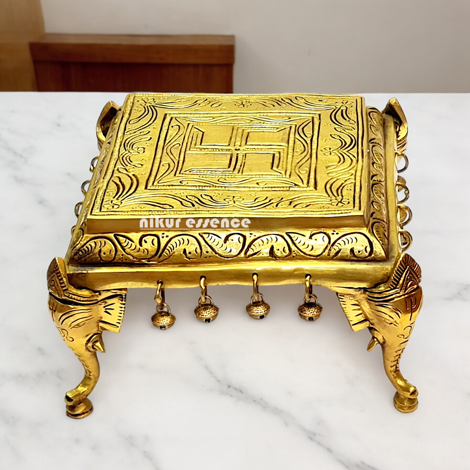 Pooja chowki peetha elephant pillars with Bells Solid Brass - 9 Inches Nikuressence