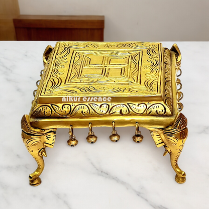 Pooja chowki peetha elephant pillars with Bells Solid Brass - 9 Inches Nikuressence