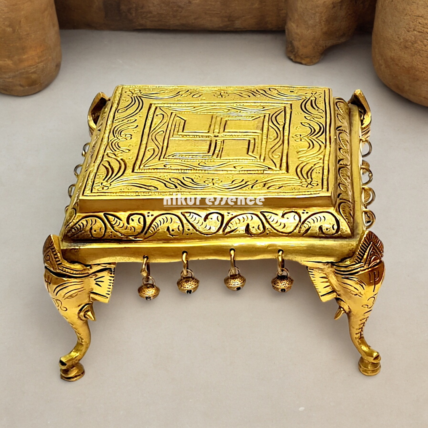 Pooja chowki peetha elephant pillars with Bells Solid Brass - 9 Inches Nikuressence