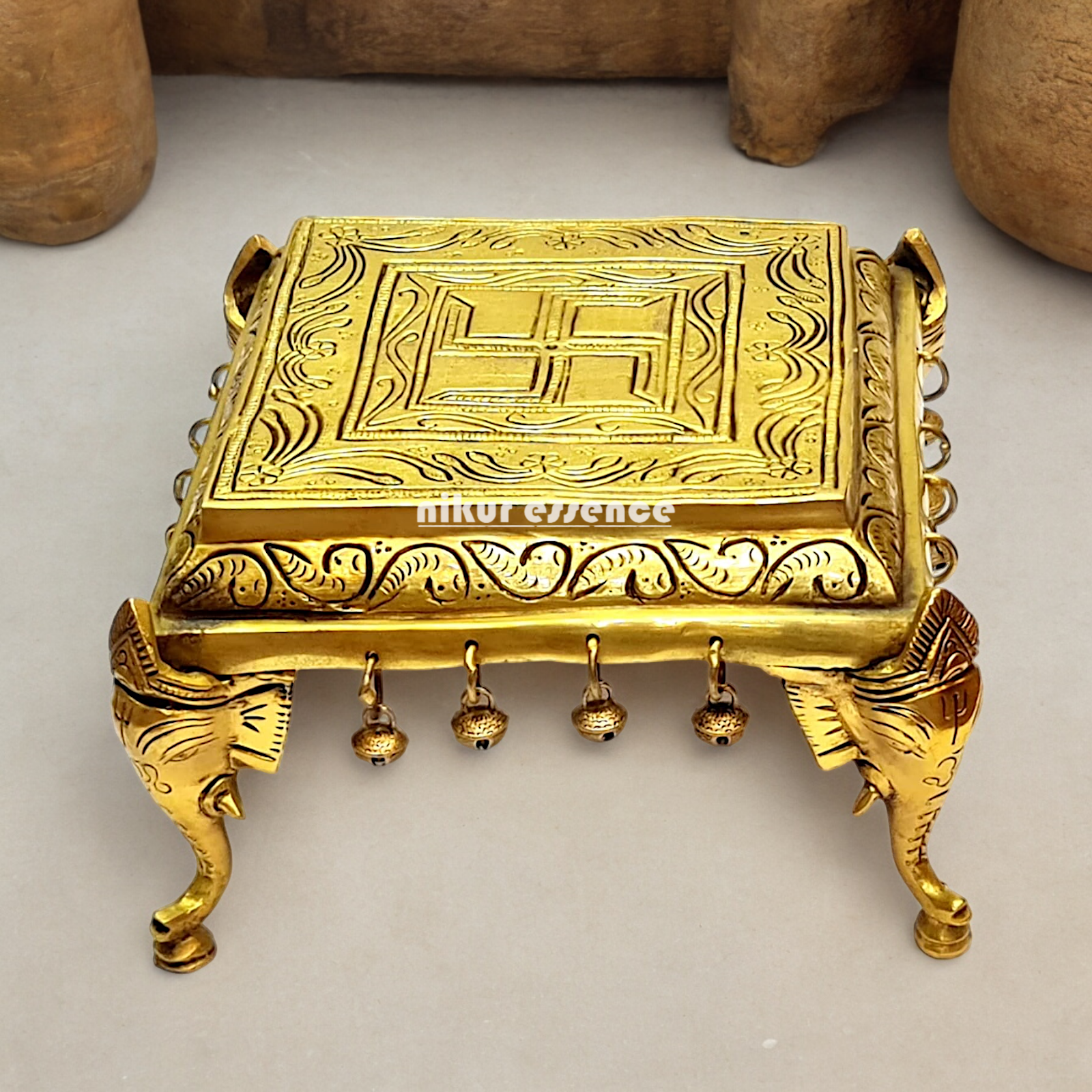 Pooja chowki peetha elephant pillars with Bells Solid Brass - 9 Inches Nikuressence