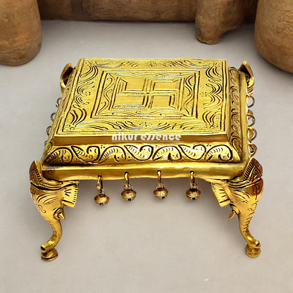 Pooja chowki peetha elephant pillars with Bells Solid Brass - 9 Inches Nikuressence