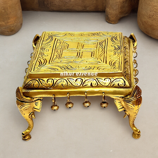 Pooja chowki peetha elephant pillars with Bells Solid Brass - 9 Inches Nikuressence