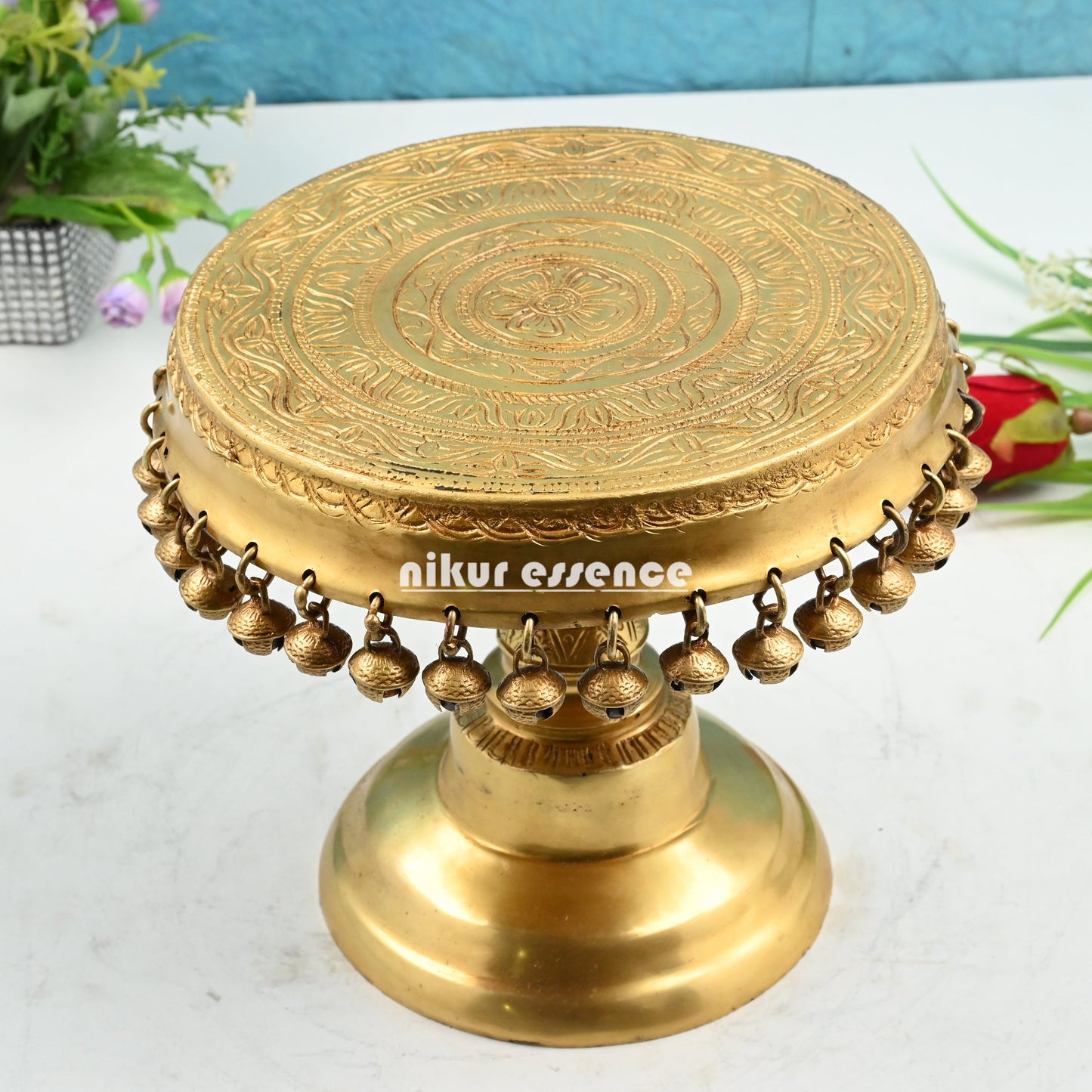 Stool chowki with Bells Ghungroo Solid Brass - 8 Inches Nikuressence