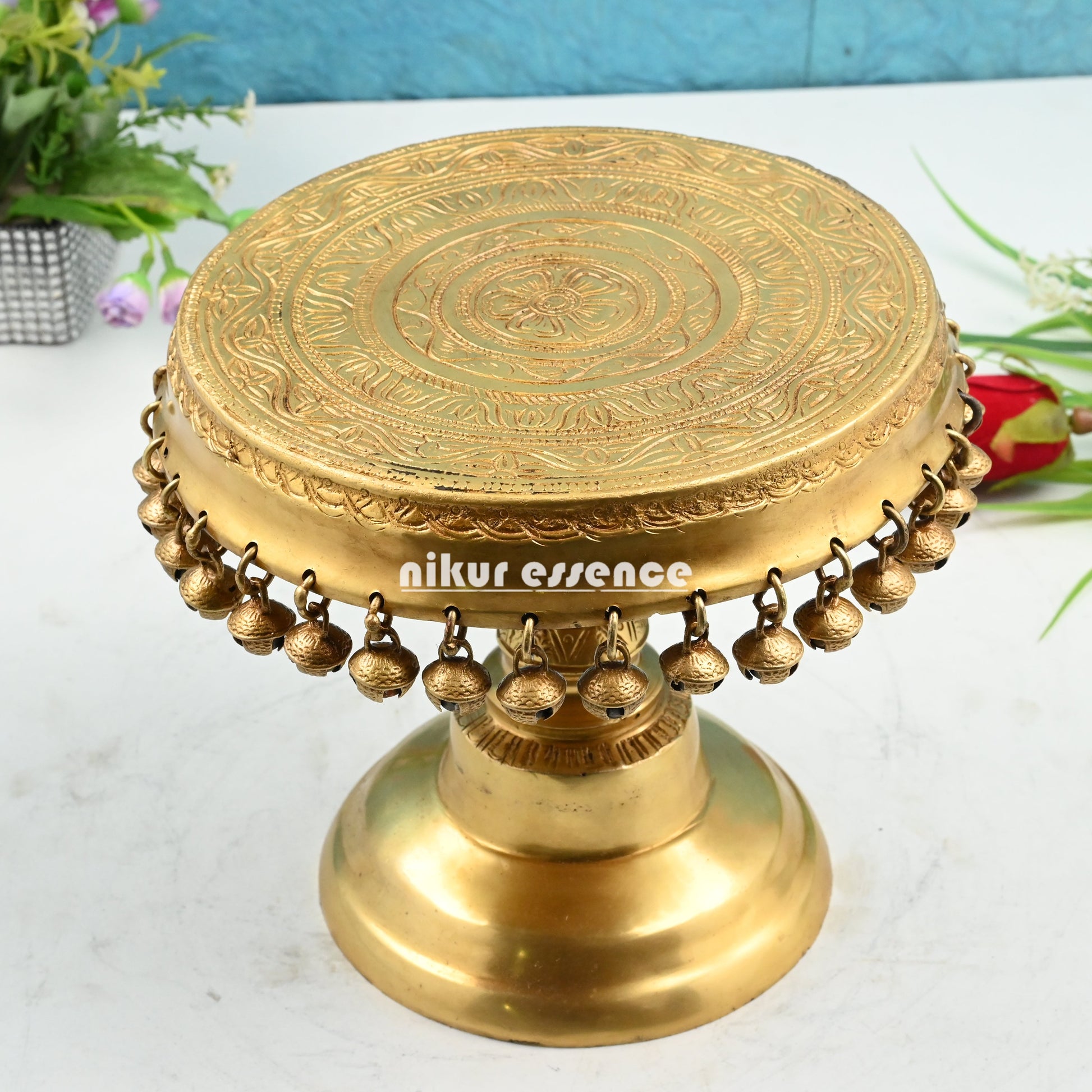 Stool chowki with Bells Ghungroo Solid Brass - 8 Inches Nikuressence