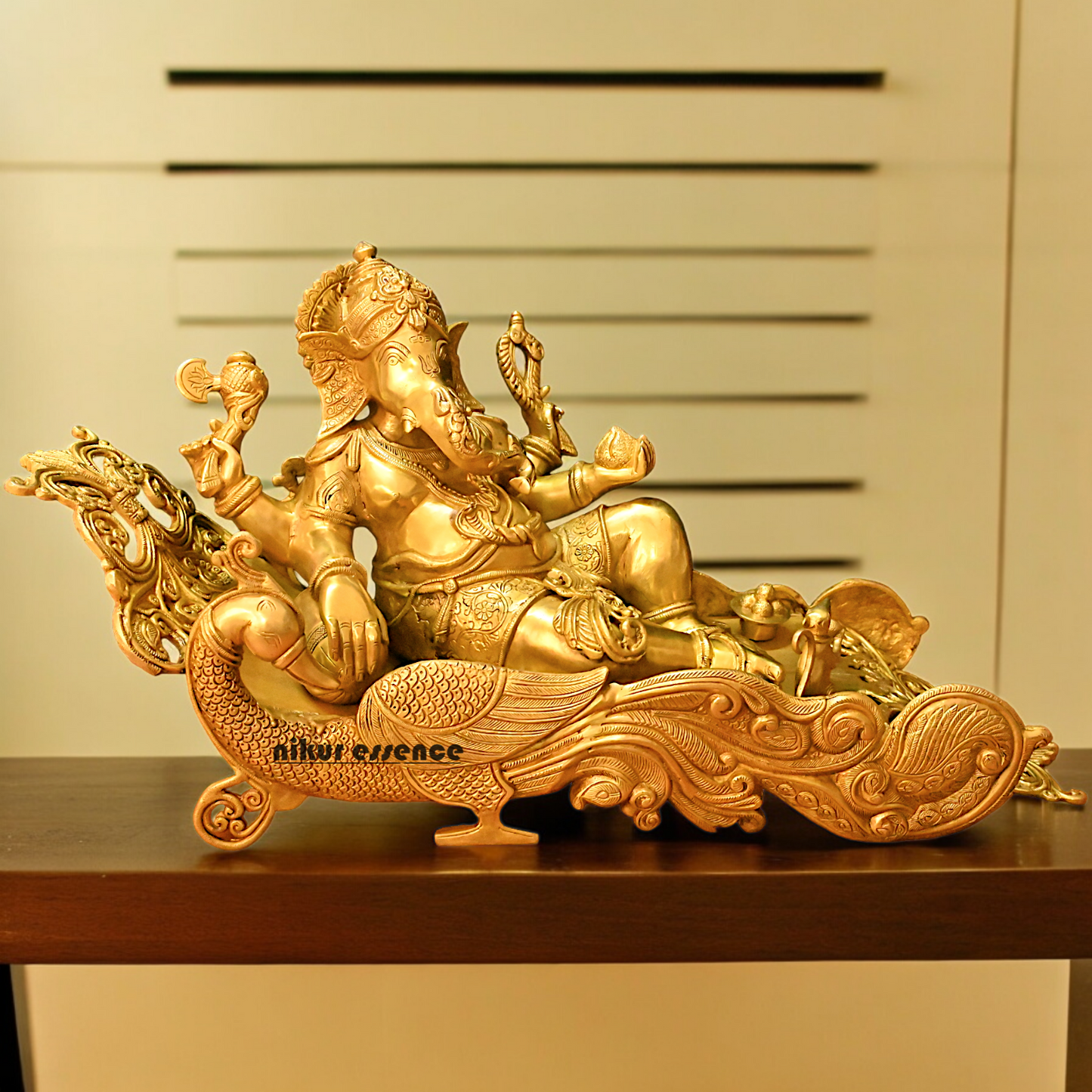 Online Pure Brass Ganesh Resting on Peacock bed - 16 inches Nikuressence