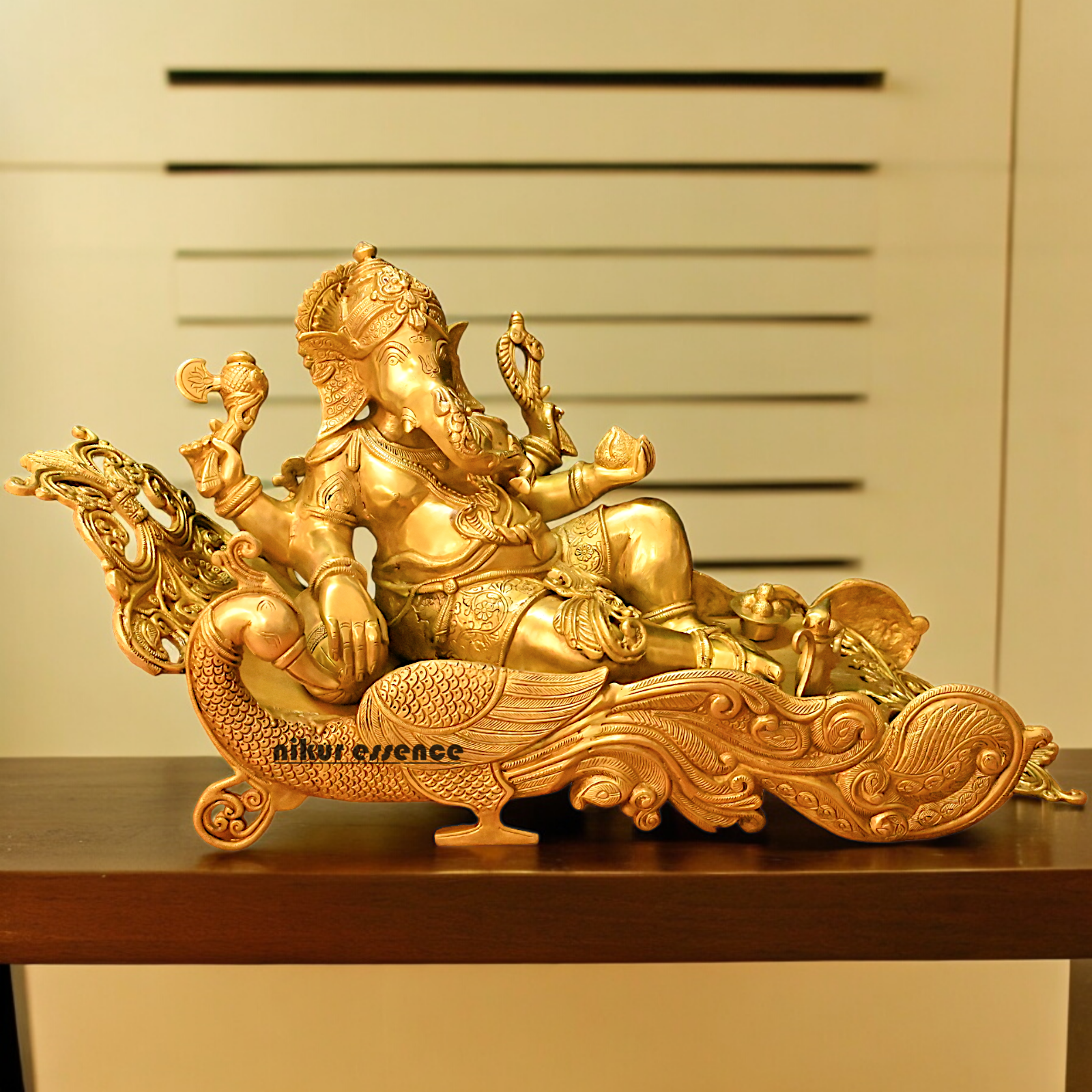 Online Pure Brass Ganesh Resting on Peacock bed - 16 inches Nikuressence