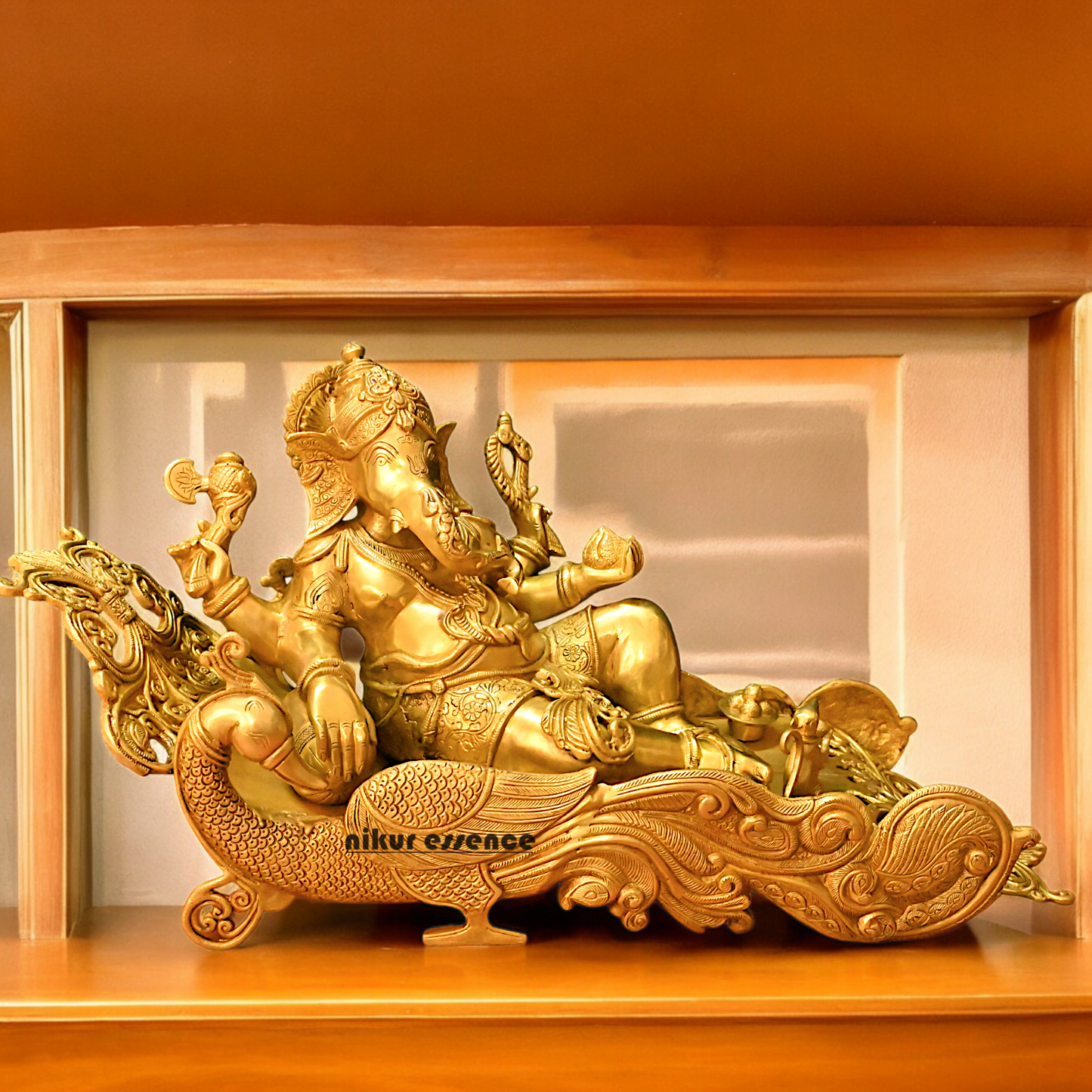 Online Pure Brass Ganesh Resting on Peacock bed - 16 inches Nikuressence