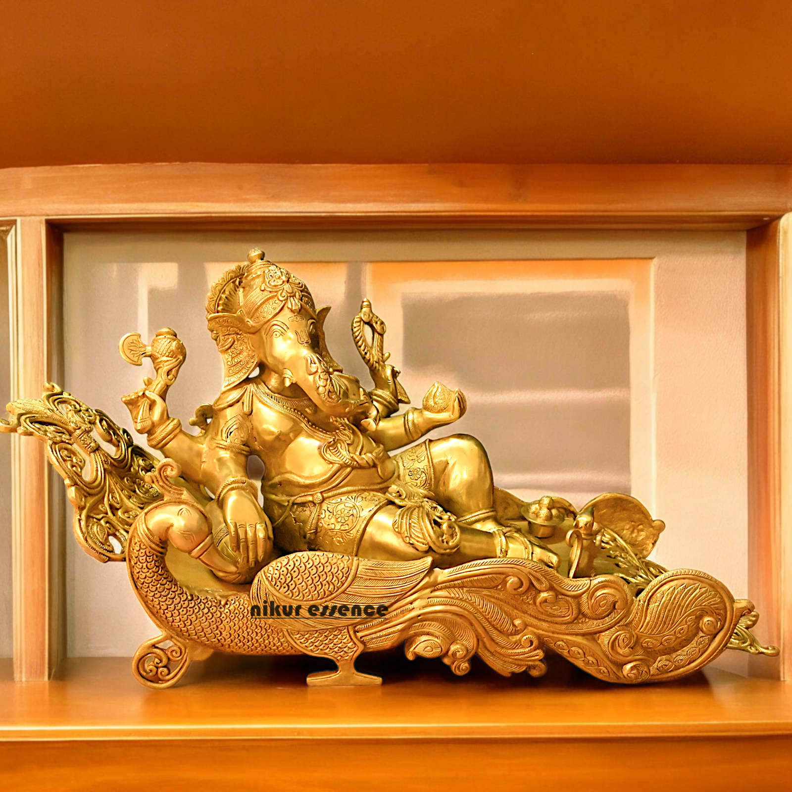Online Pure Brass Ganesh Resting on Peacock bed - 16 inches Nikuressence