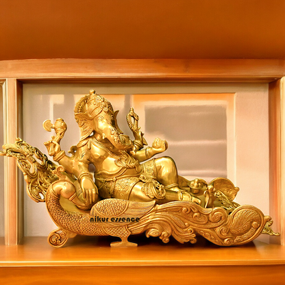 Online Pure Brass Ganesh Resting on Peacock bed - 16 inches Nikuressence