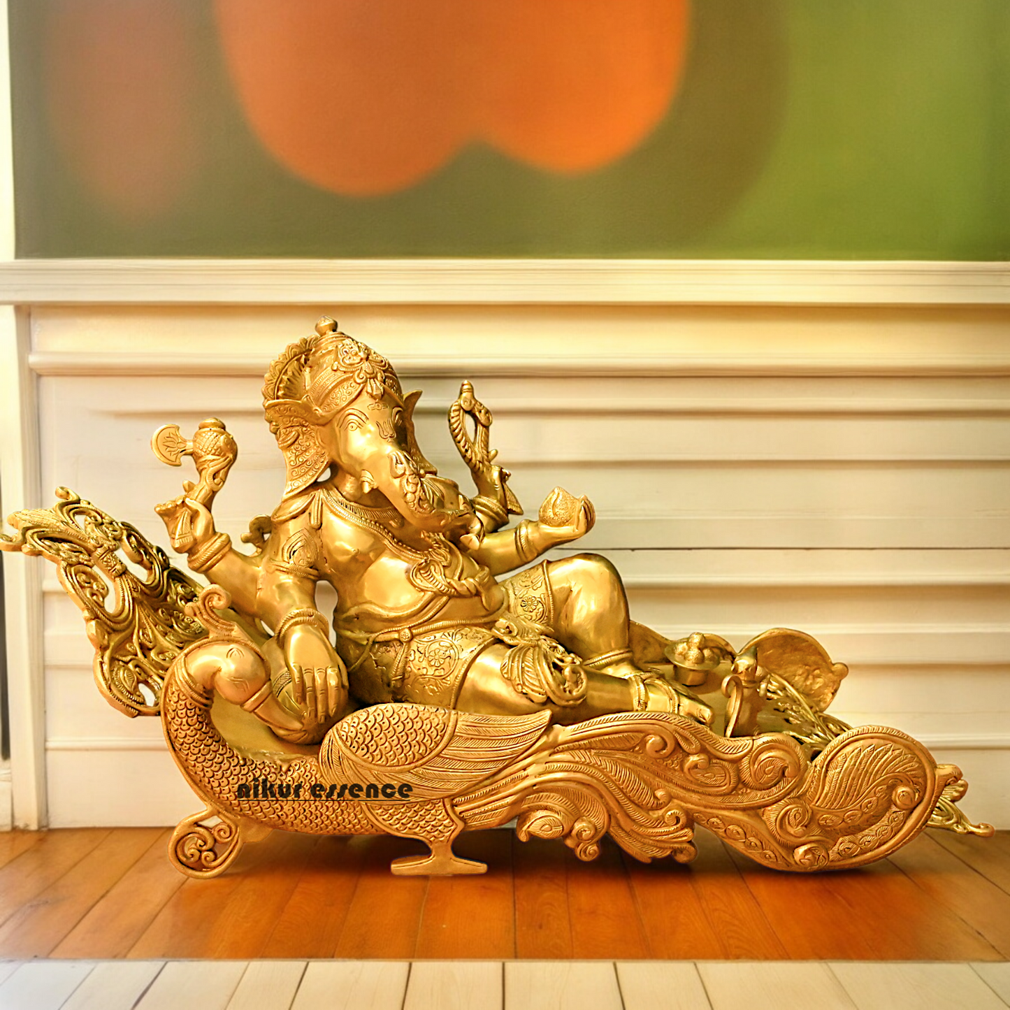 Online Pure Brass Ganesh Resting on Peacock bed - 16 inches Nikuressence