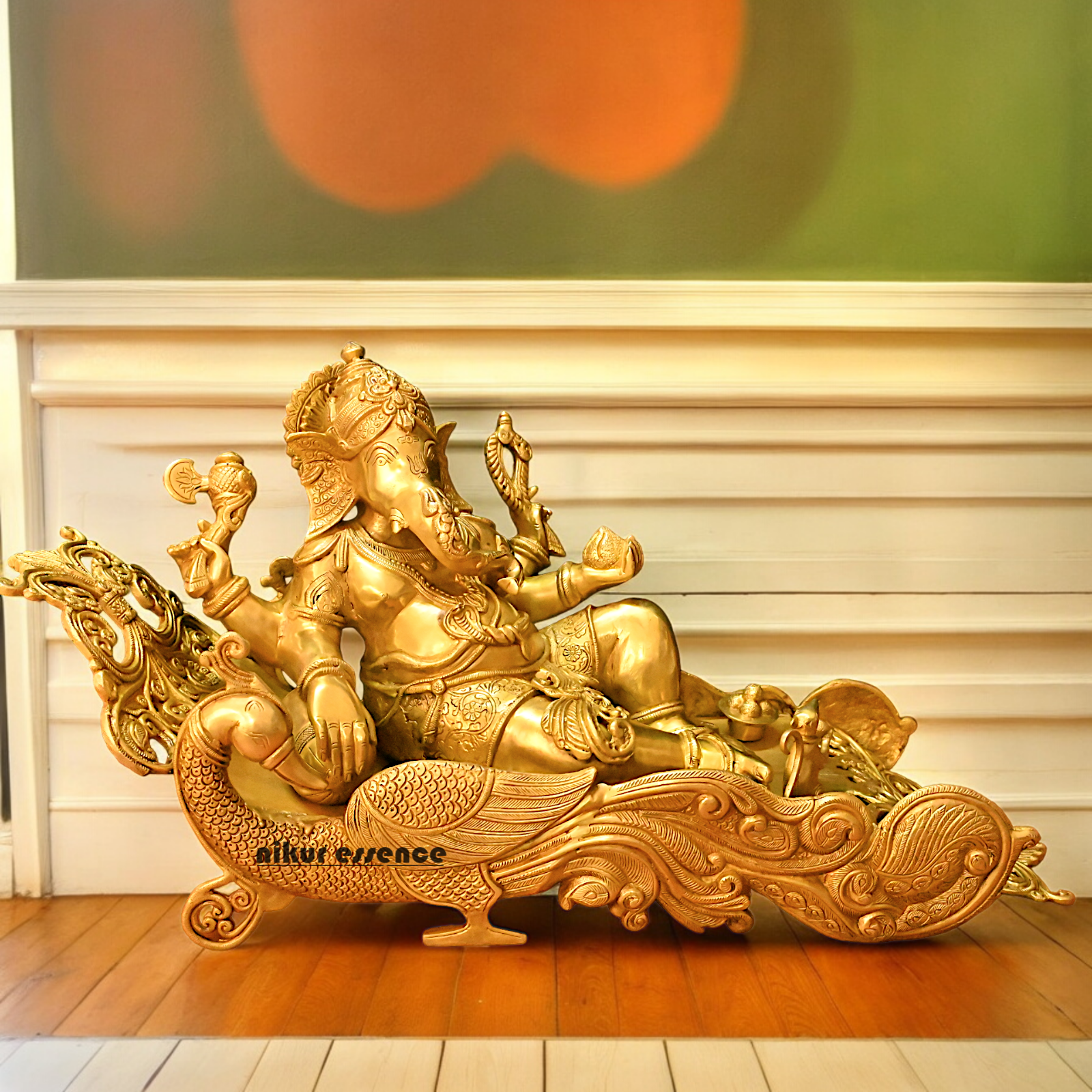Online Pure Brass Ganesh Resting on Peacock bed - 16 inches Nikuressence