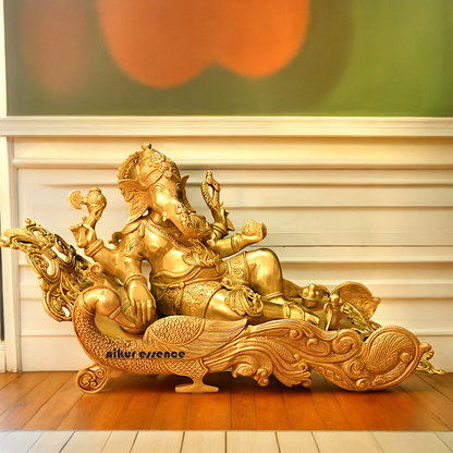 Online Pure Brass Ganesh Resting on Peacock bed - 16 inches Nikuressence