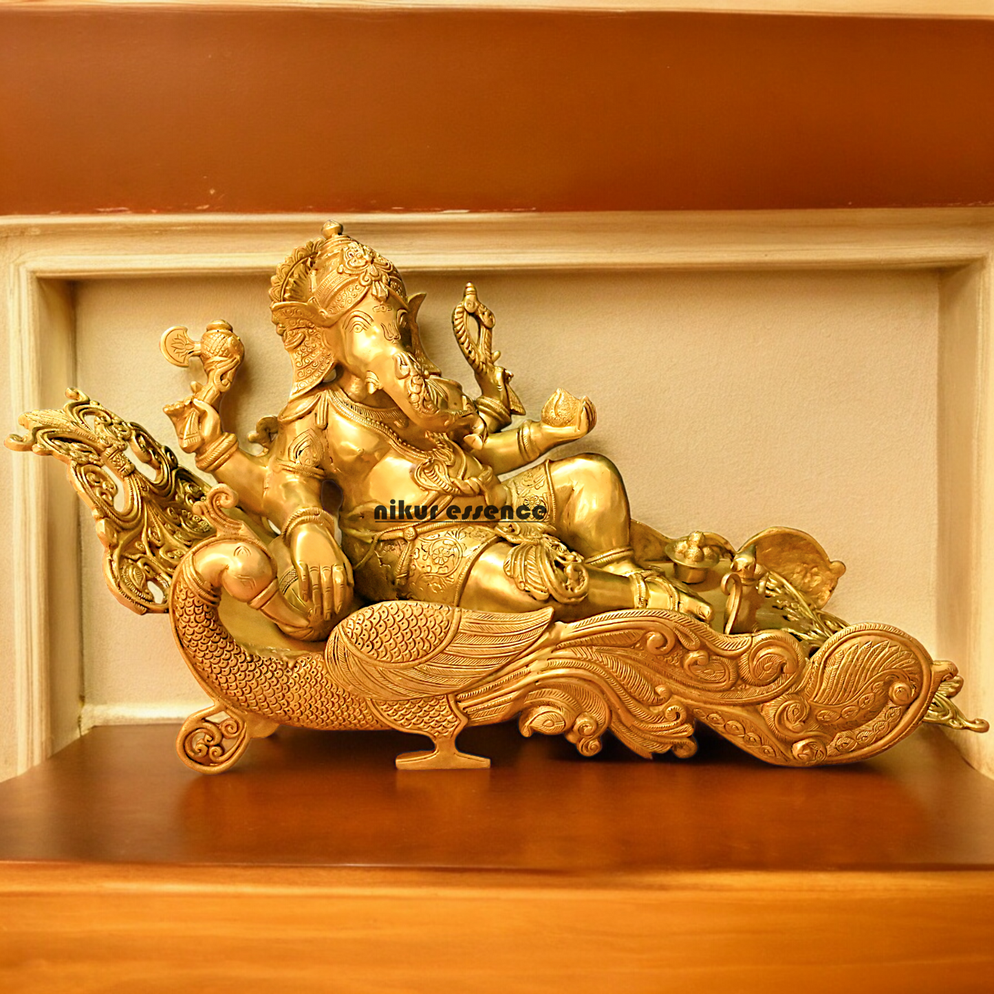 Online Pure Brass Ganesh Resting on Peacock bed - 16 inches Nikuressence