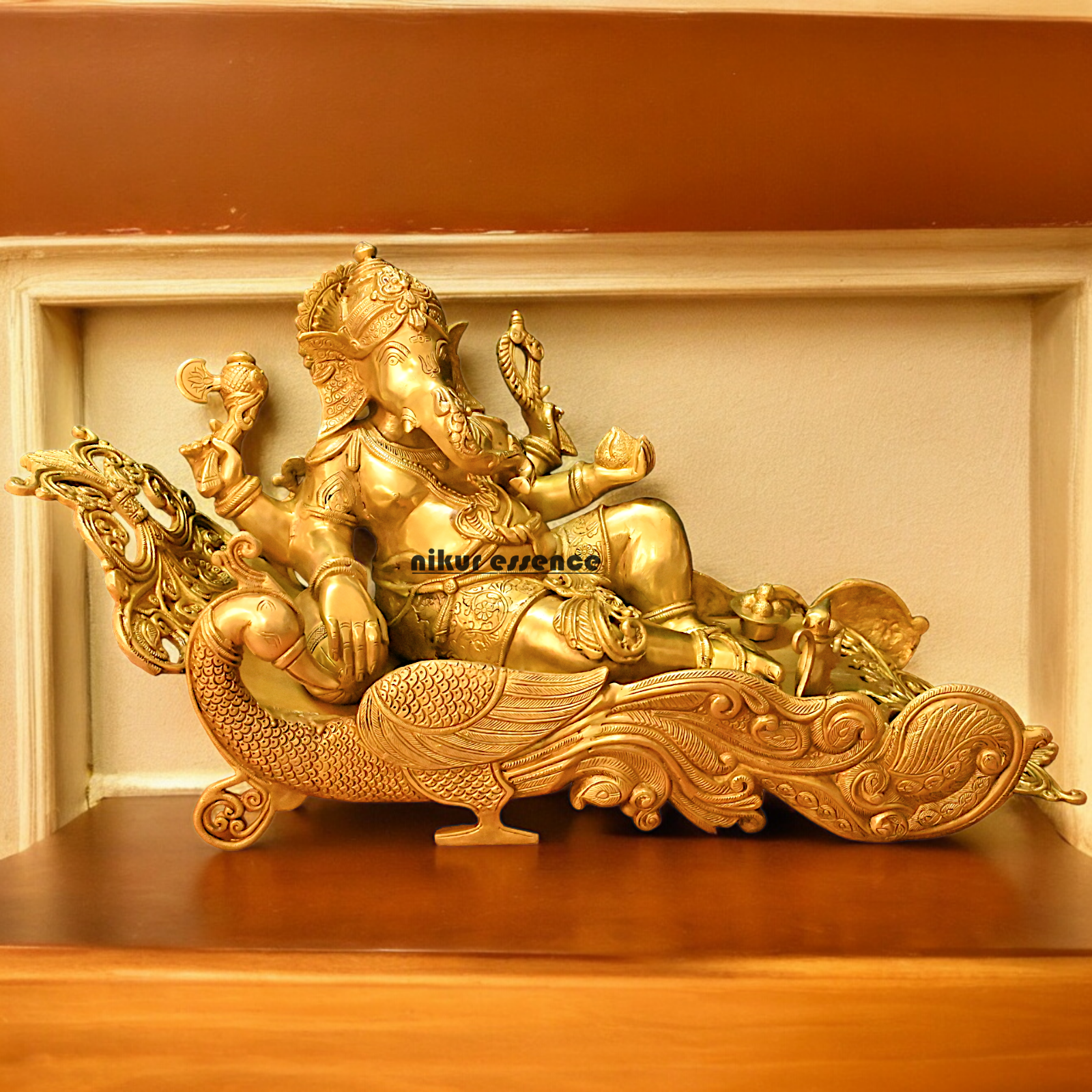 Online Pure Brass Ganesh Resting on Peacock bed - 16 inches Nikuressence