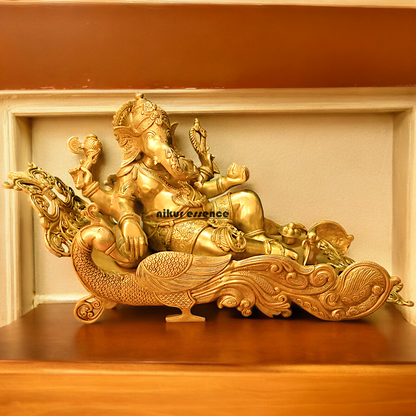 Online Pure Brass Ganesh Resting on Peacock bed - 16 inches Nikuressence