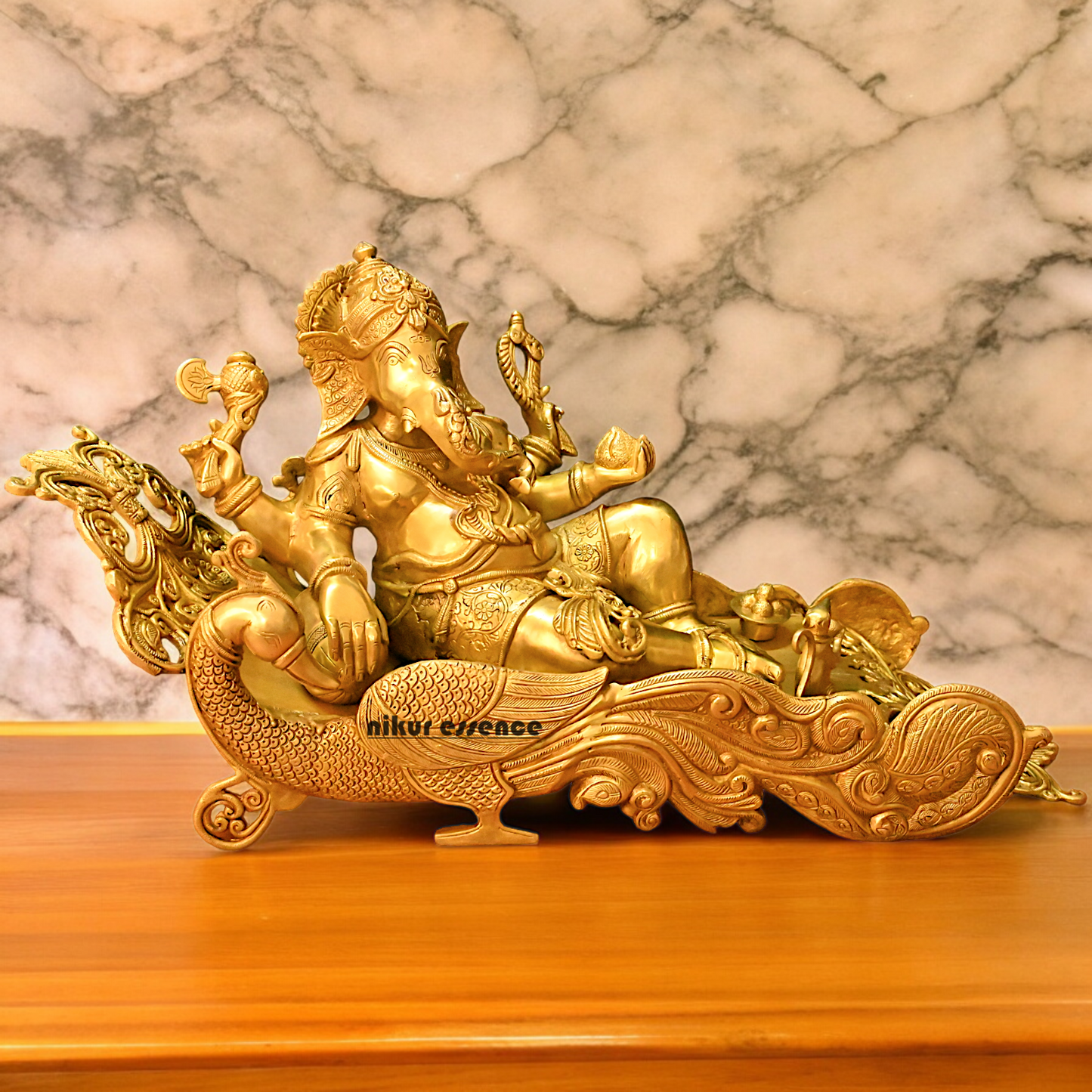 Online Pure Brass Ganesh Resting on Peacock bed - 16 inches Nikuressence