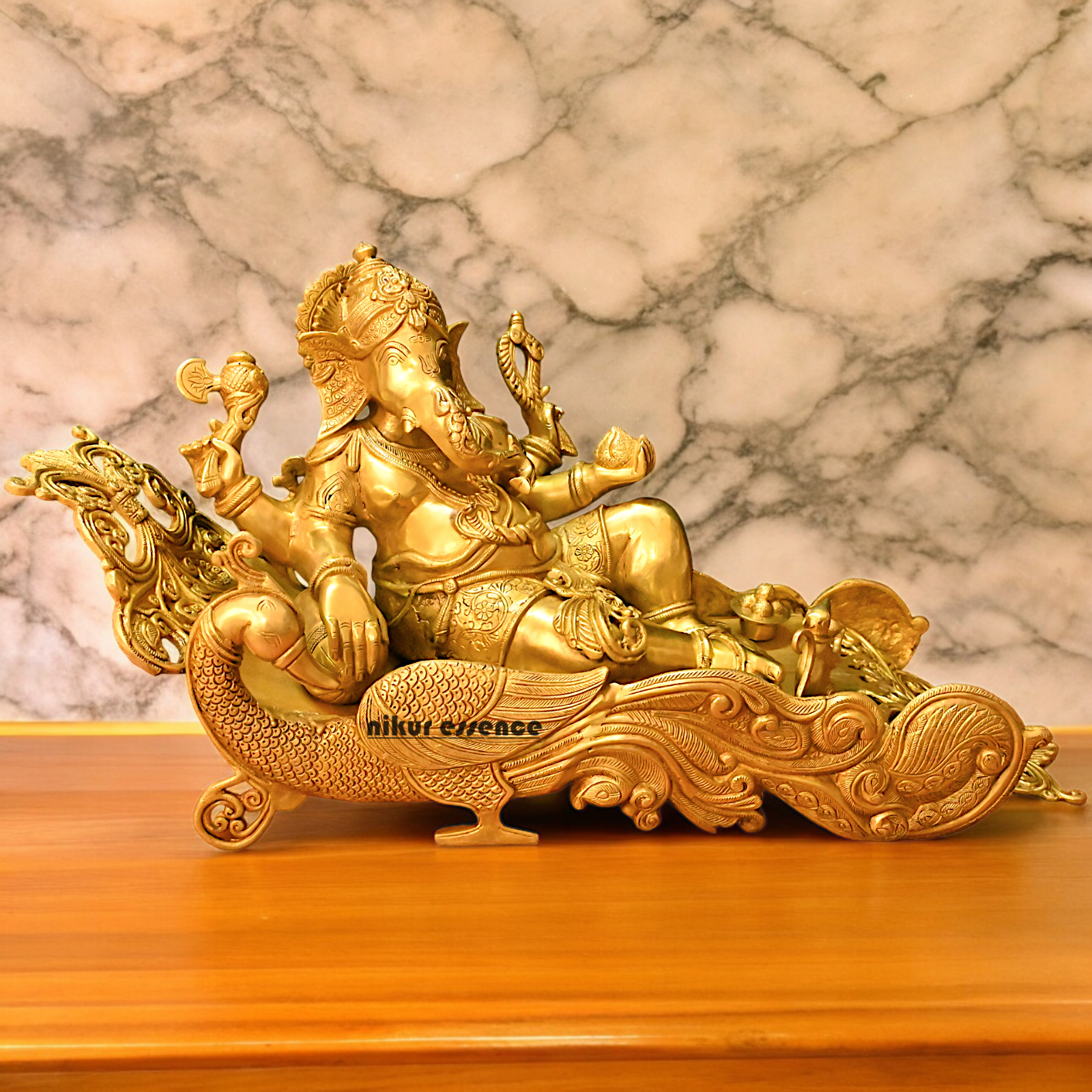 Online Pure Brass Ganesh Resting on Peacock bed - 16 inches Nikuressence