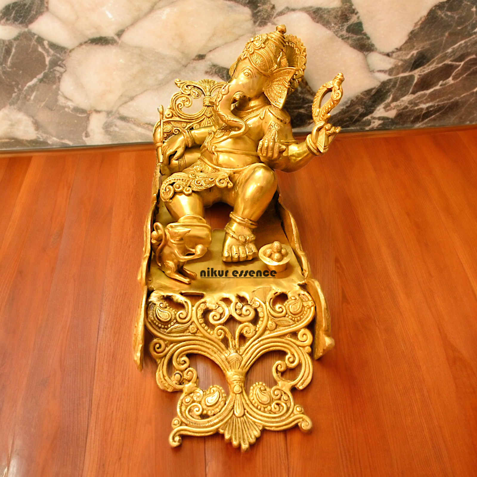 Online Pure Brass Ganesh Resting on Peacock bed - 16 inches Nikuressence