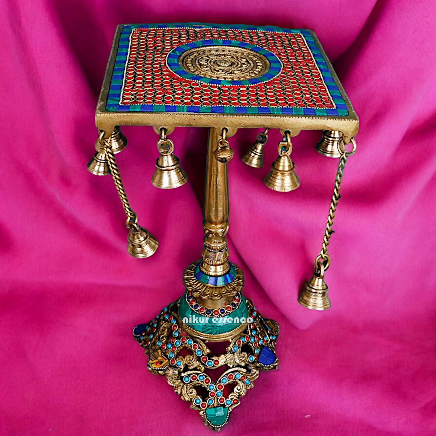 Brass Table Chowki Bells goongru with Stone Work - 14 inches Nikuressence