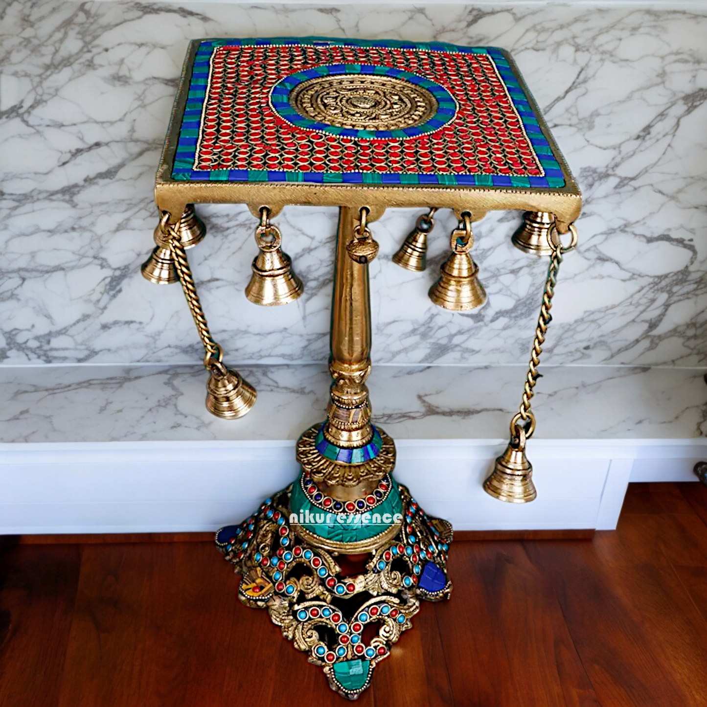 Brass Table Chowki Bells goongru with Stone Work - 14 inches Nikuressence