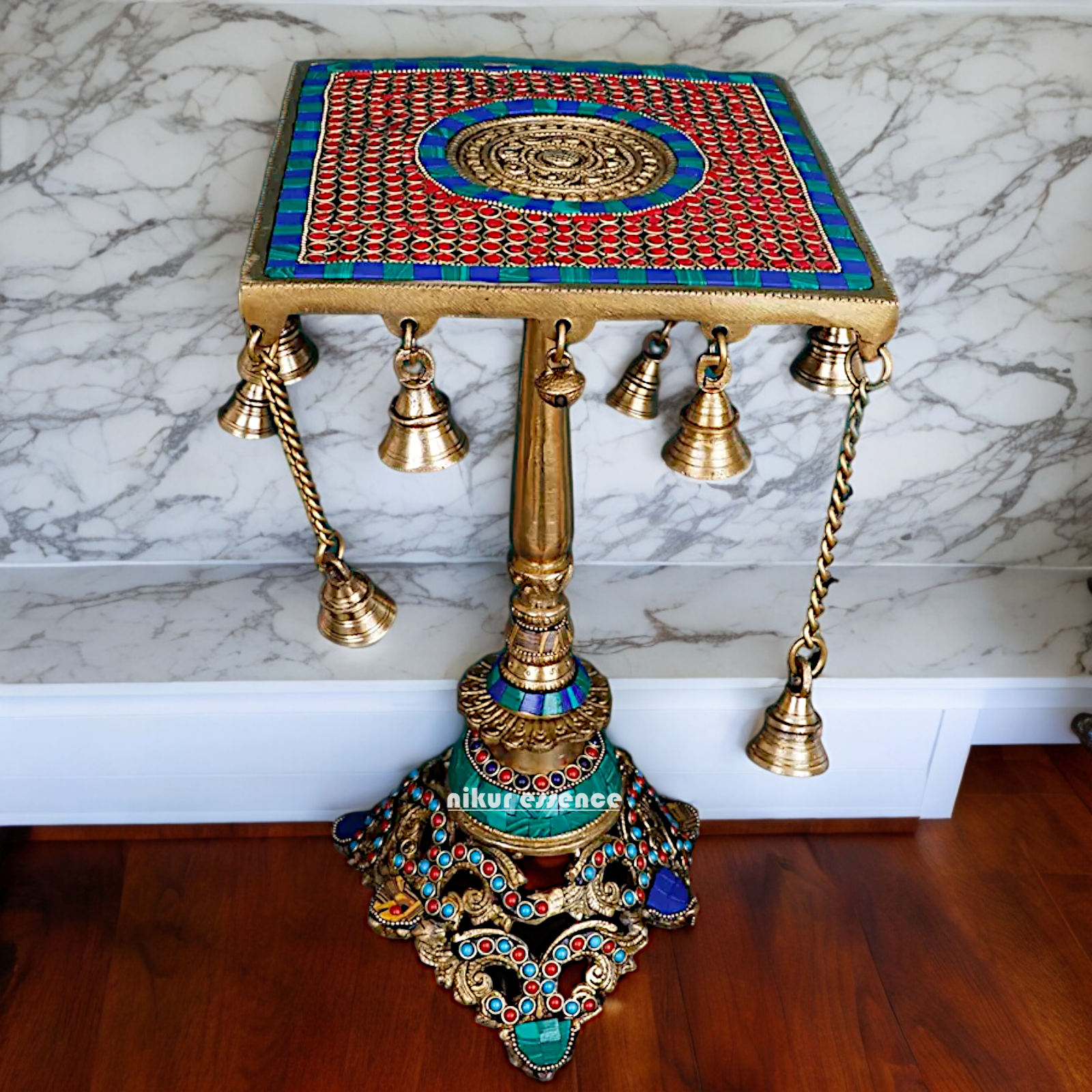 Brass Table Chowki Bells goongru with Stone Work - 14 inches Nikuressence