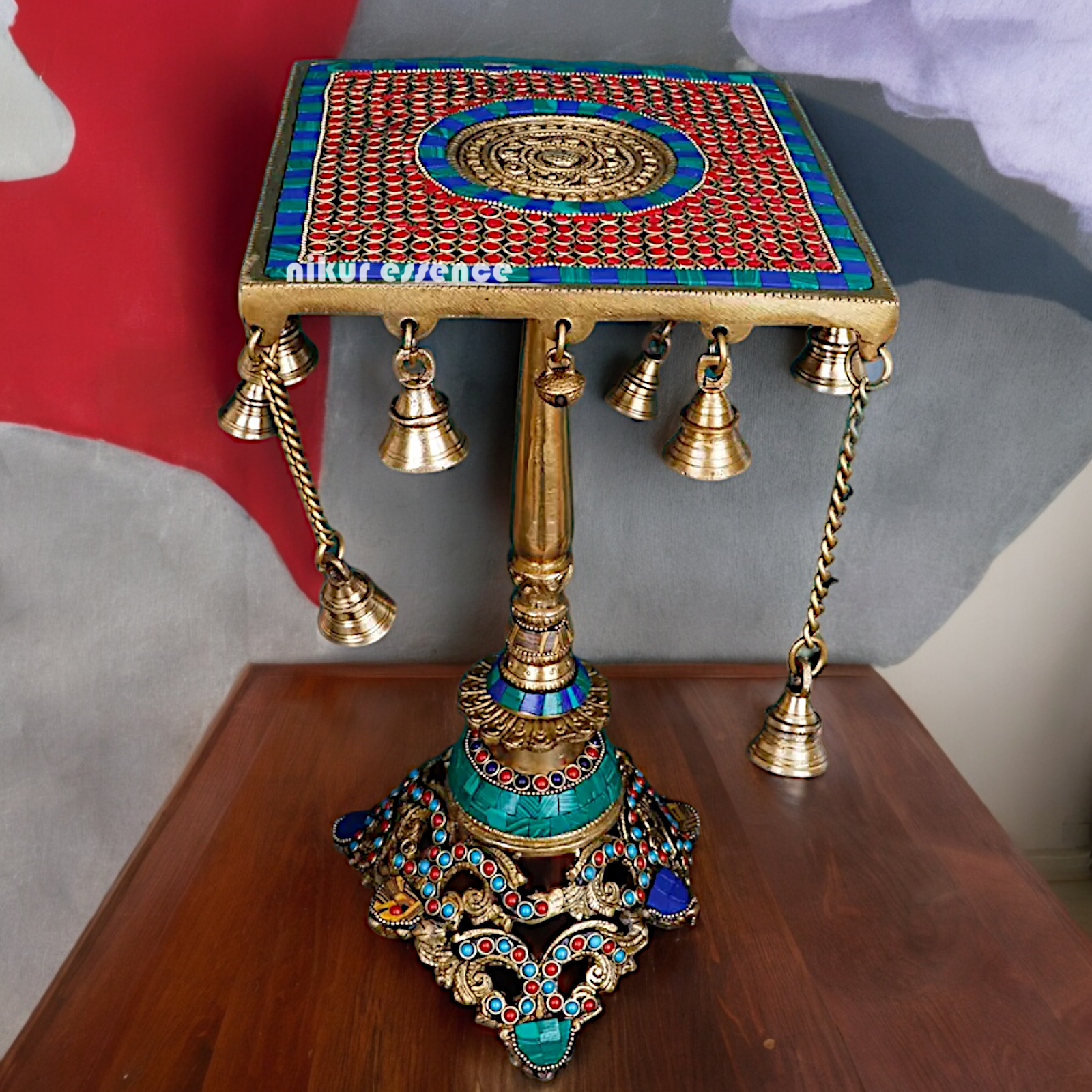 Brass Table Chowki Bells goongru with Stone Work - 14 inches Nikuressence
