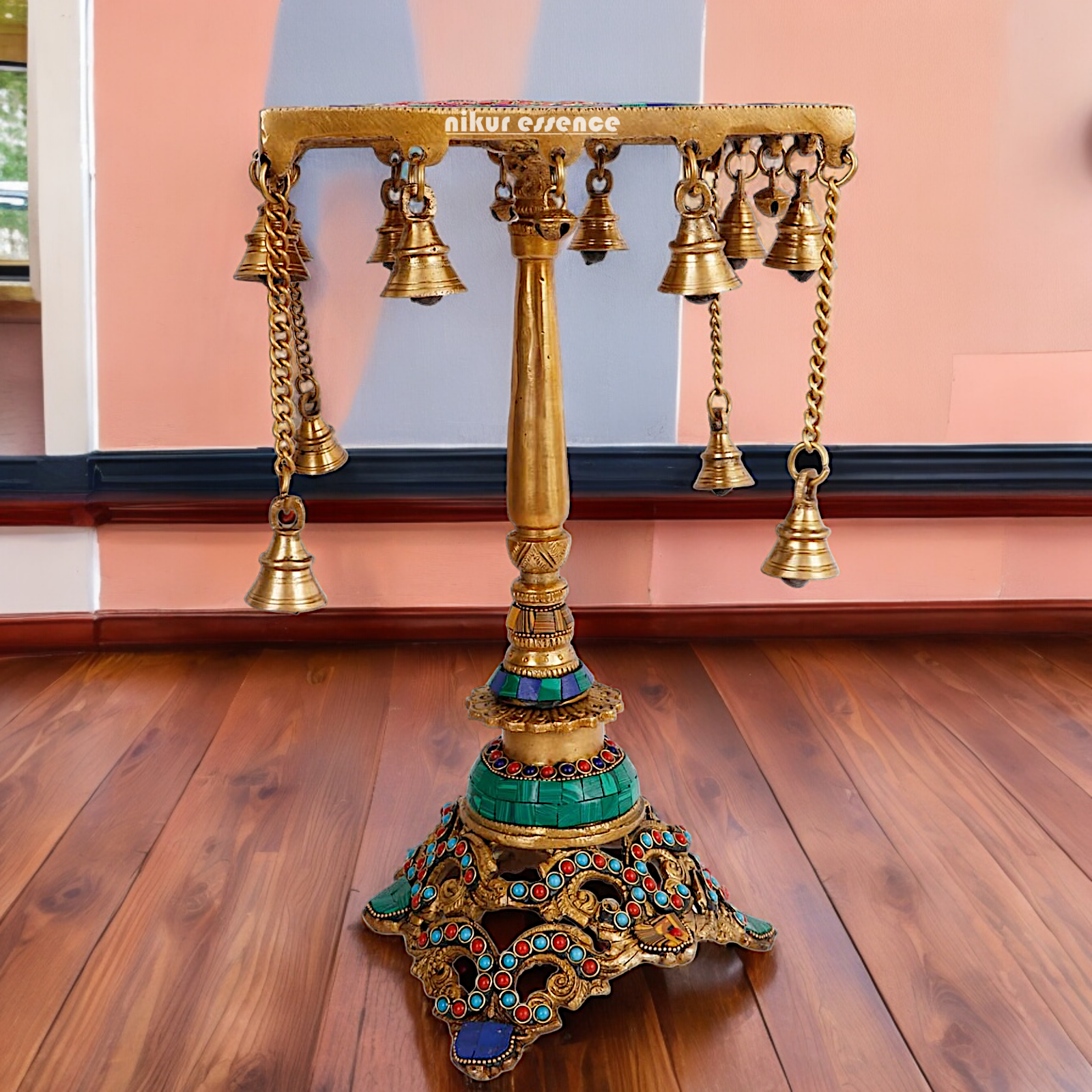 Brass Table Chowki Bells goongru with Stone Work - 14 inches Nikuressence