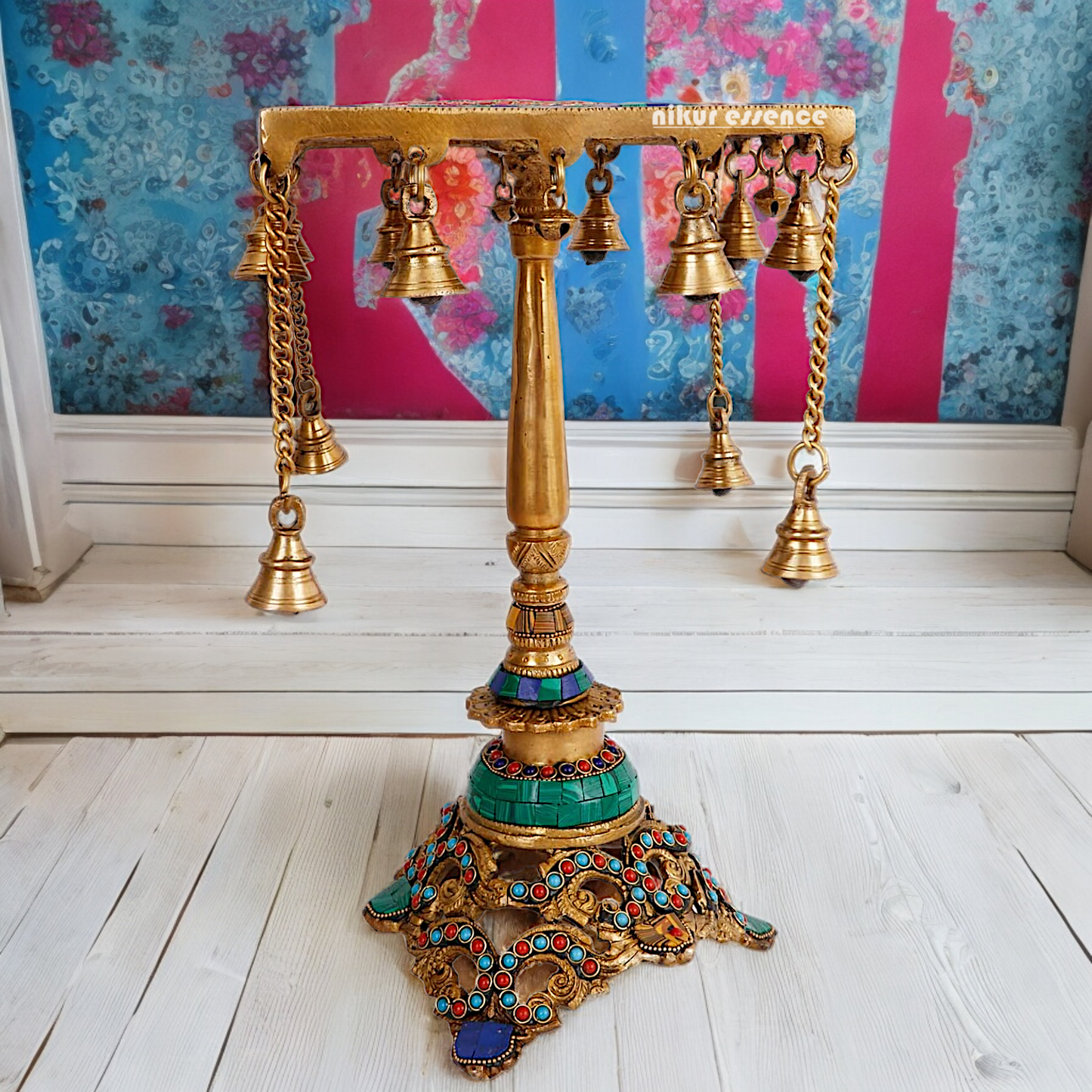 Brass Table Chowki Bells goongru with Stone Work - 14 inches Nikuressence