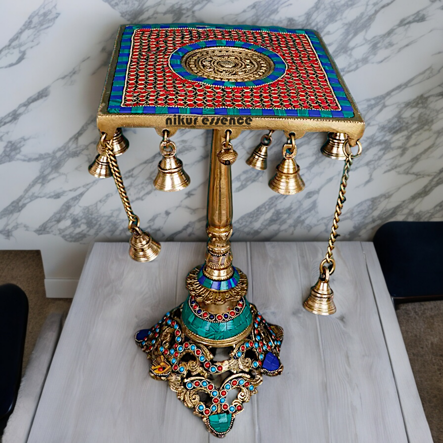 Brass Table Chowki Bells goongru with Stone Work - 14 inches Nikuressence