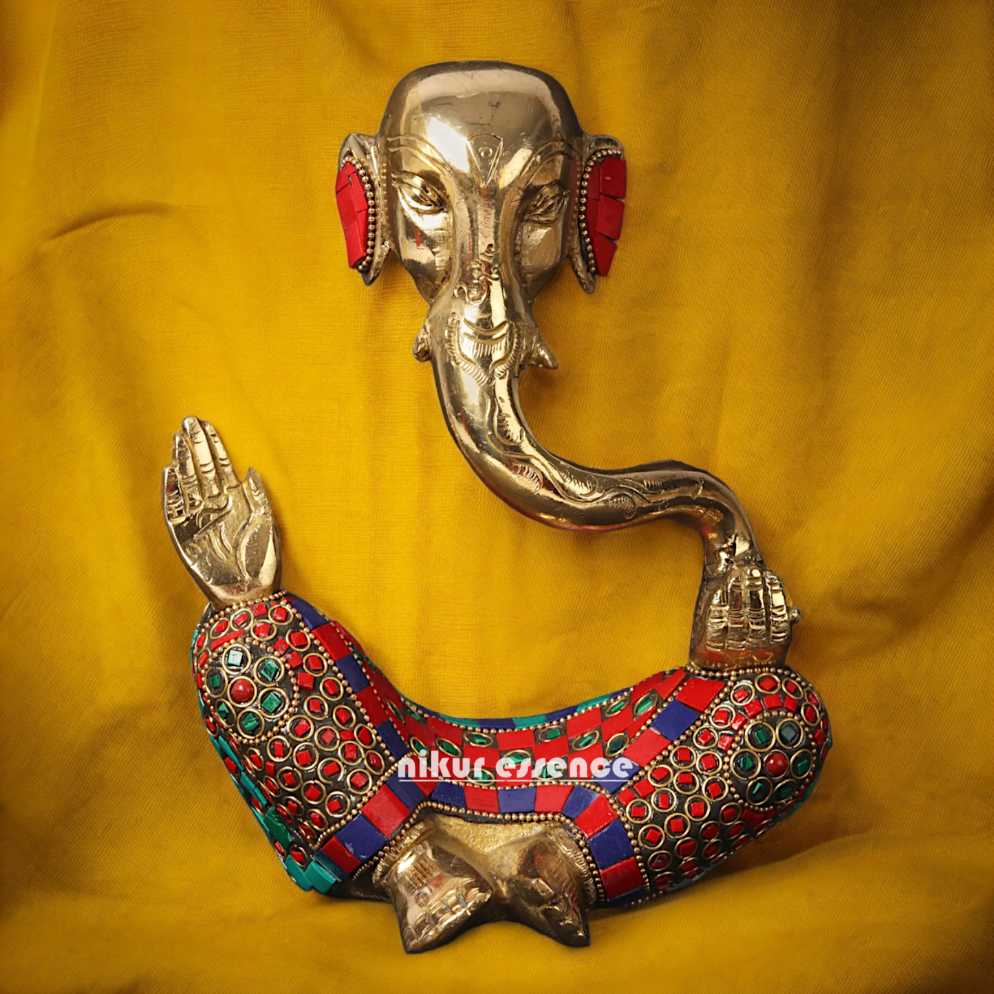 Large Brass Ganesh Vinayaka Sitting Idol with Stone Work - 20.5 cm Nikuressence