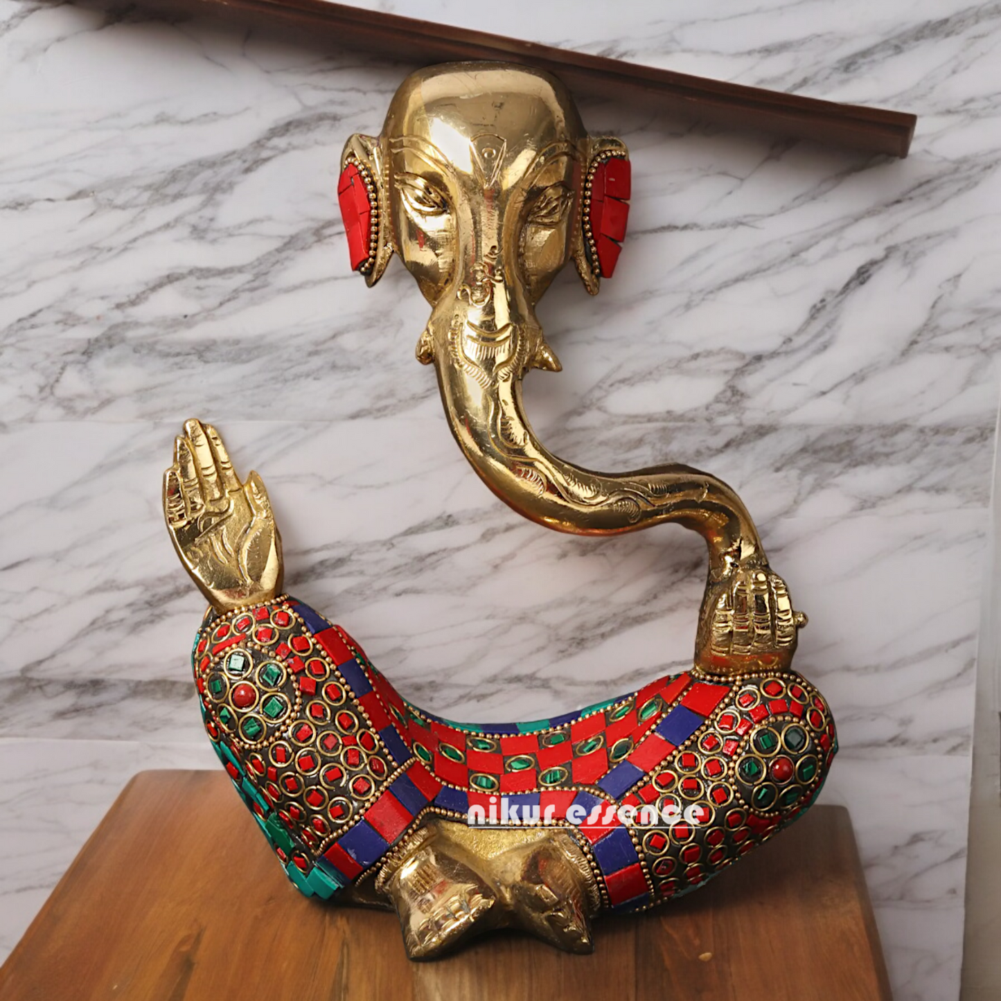 Large Brass Ganesh Vinayaka Sitting Idol with Stone Work - 20.5 cm Nikuressence